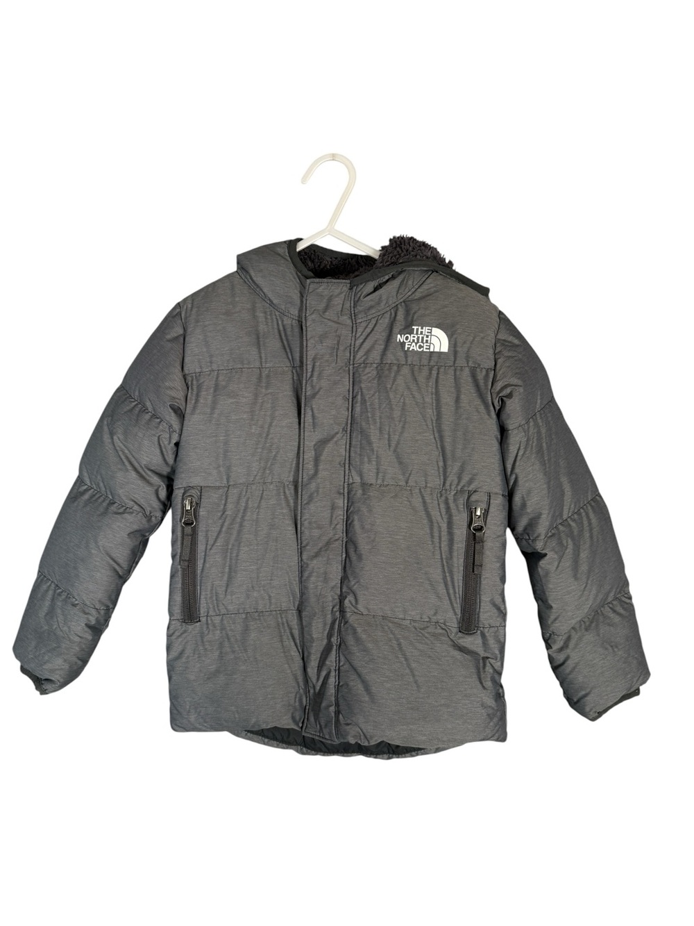 The North Face Grey Down Puffer Jacket 600 Fill Winter Hooded Boys Girls 4